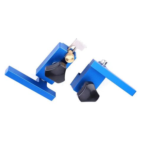 Fence Flip Limit Aluminum T Track Stop With Locking Mechanism for Woodworking and Carpentry, side view, blue metal, black knobs