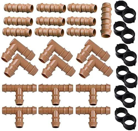 Arfun 28P drip irrigation kit with 17mm barb for 1/2 in tubing; includes 10 couplings, 6 tees, 6 elbows, 6 end closures