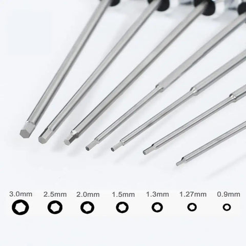 7-Piece RC Hex Driver Set Tool Kit For Drones And RC Cars With Aluminum Handle And Steel Wrenches In 0.9mm to 3.0mm sizes