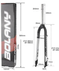 Rigid Mountain Bike Front Fork Aluminum Alloy 1 1/8 Inch Threadless with packaging and dimensions displayed