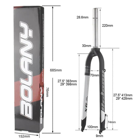 Rigid Mountain Bike Front Fork Aluminum Alloy 1 1/8 Inch Threadless with packaging and dimensions displayed