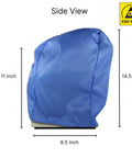 Blue ESD Safe Microscope Dust Cover Made From Soft Cotton Fabric, Protective Sleeve For Small Stereo And Beginner Compound Microscopes, Fits Up To 14.5 Inch Tall And 7.5 By 8.5 Inch Base, Keeps Dust Away And Static Safe. Side view of blue ESD-safe cotton microscope cover, 14.5 inch tall, 8.5 inch base