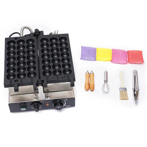 Commercial 1800W Bubble Skewer Waffle Ball Machine with dual heating plates and utensils for snack preparation.
