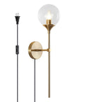 Gold Globe Wall Sconce Plug In Mid Century Modern Long Arm Light With Bubble Glass Shade Brush Brass Vanity Fixture shown unplugged.