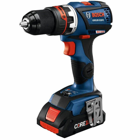 Compact 18V Cordless Drill Driver With Brushless Motor And Rugged Locking Chuck Supporting 5In1 Flexiclick Quick Swap System Paired With A Badass 4Ah Battery Pack side view.