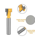 Premium 5 Piece Keyhole Router Bit Set With Hardened Carbide Cutters, one bit showing tungsten steel blade and seamless welding.