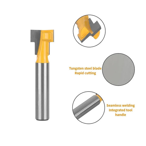 Premium 5 Piece Keyhole Router Bit Set With Hardened Carbide Cutters, one bit showing tungsten steel blade and seamless welding.