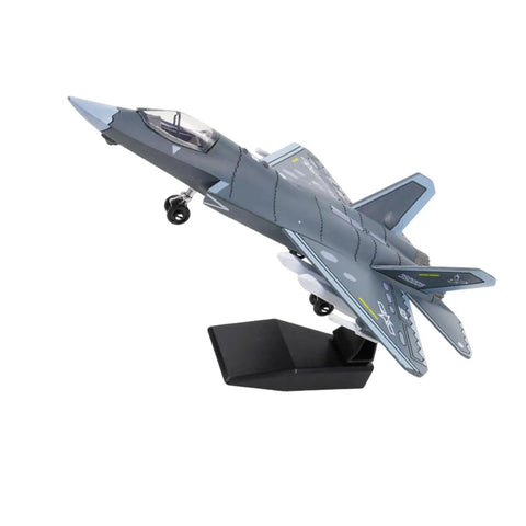 J35 Fighter Aircraft Buildable Model Kit With Durable Blocks For Collectors and Display, showing a gray aircraft model on a stand