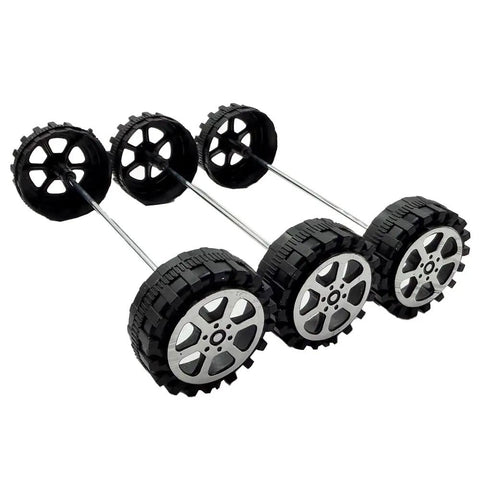 40 Piece RC Wheel Kit with 2mm Shaft Holes Plastic Car Wheels and Metal Axles in a side-by-side arrangement