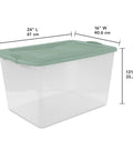 Six Pack Sage Green Storage Bins 66 Quart Clear Stackable Plastic Containers With No Sweat Snap Lock Design Stack Smart For Clothes Moving Garage And Serious Organizing, showing 24" L, 16" W, 13 7/8" H.