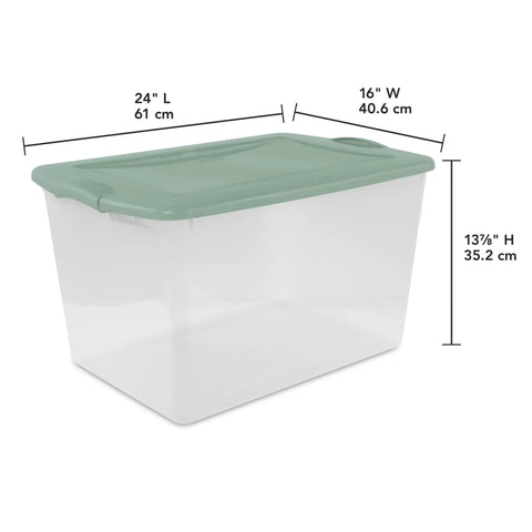 Six Pack Sage Green Storage Bins 66 Quart Clear Stackable Plastic Containers With No Sweat Snap Lock Design Stack Smart For Clothes Moving Garage And Serious Organizing, showing 24" L, 16" W, 13 7/8" H.