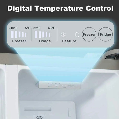 Digital temperature control panel of Killer Side By Side Refrigerator In Matte Black Offering 15.6 Cubic Feet Of Straight Up Family Storage Plus Huge Freezer Section For Your Ultimate Kitchen Flex.