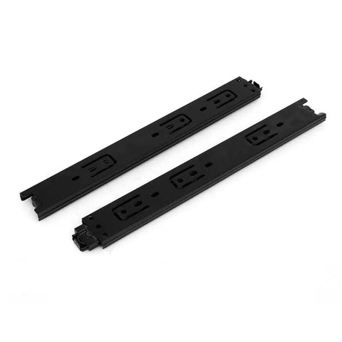 12 Inch Full Extension Drawer Slides With Ball Bearing Rollers, Heavy Duty 55 Lb Capacity, 1 Pair, Black Steel Tracks shown flat
