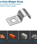 One-Hole Midget Strap for PEX or PE-RT Pipe Systems with material options: wood, hollow brick, concrete, stone.