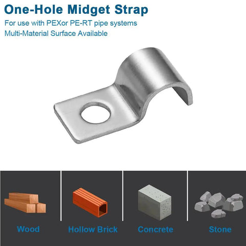 One-Hole Midget Strap for PEX or PE-RT Pipe Systems with material options: wood, hollow brick, concrete, stone.