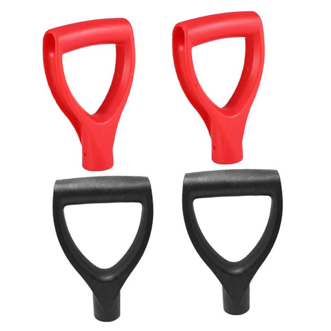 Four Pack Plastic Snow Shovel Handle Replacements For Shovels And Gardening Tools Easy Install D Shaped Grip Lightweight Durable Plastic Weatherproof Snow Removal Handles For Home Use showing two red and two black D-shaped grips.