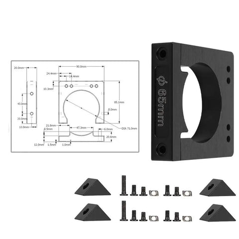 Shaft Spindle Motor Mount Kit For CNC Router And Engraving Machines 65mm Clamp with technical drawing and mounting hardware