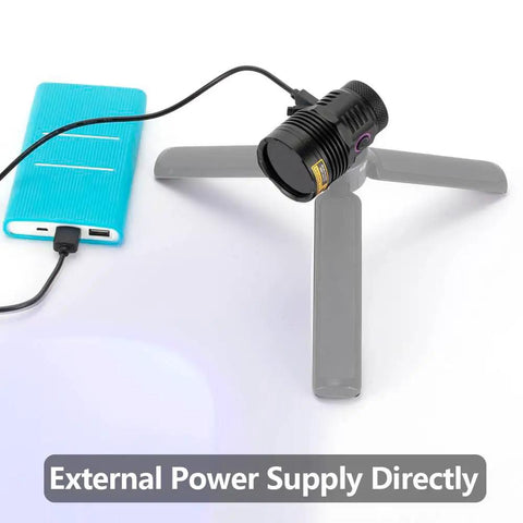 12W 365nm UV Flashlight USB C Rechargeable Long Range Black Light shown with external power supply connection.