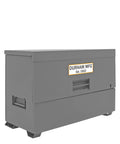 Heavy Duty All Welded Steel Job Site Cabinet For Secure Outdoor Storage With Forklift Ready Legs And Triple Padlock Security in gray.