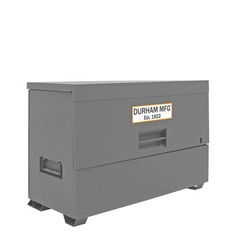 Heavy Duty All Welded Steel Job Site Cabinet For Secure Outdoor Storage With Forklift Ready Legs And Triple Padlock Security in gray.