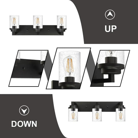 Three Light Matte Black Vanity Light With Seeded Glass Shades for Bathroom, Kitchen, Bedroom, Hallway and Stairs shown in detail.