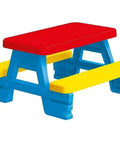 Big Plastic Picnic Table For Four Kids For Indoor And Outdoor Use Colorful four-seat table with red top, blue frame, and yellow benches.