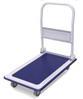 Real Heavy Duty Foldable Platform Dolly Rock Solid Self Balancing Base And Smooth Rolling Wheels For No Fuss Hauling Furniture Inside The Home Or Out Back At The Garage Storage, showing a blue platform dolly with steel frame.