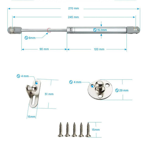 2 Pack Heavy Duty Gas Struts Rock Solid Soft Close Lift Supports with Zinc Plated Parts and Dimensions for Cabinet Use.