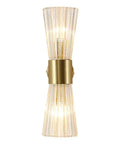 Mid Century Modern Crystal Glass Shade 2 Light Gold Brushed Brass Wall Sconces For Indoor Up Down Vanity Lights In Bathroom Hallway Living Room Bedroom Hardwired, showing vertical installation with glass detail.