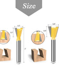 Shop Tested Six Piece Dovetail Router Bit Set Featuring One Quarter Inch Shank And Cutting Widths Spanning A Quarter To Seven Eighths Inches Crafted From Tough Tungsten Carbide For Knocking Out Tight Half Blind Woodworking Joints Dead On And Fast, image showing detailed sizes and shapes of router bits.