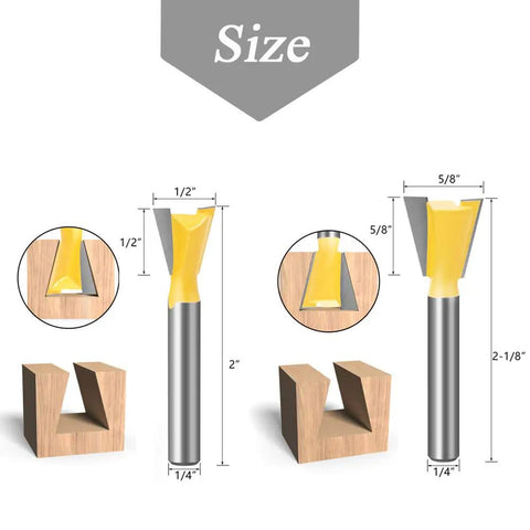 Shop Tested Six Piece Dovetail Router Bit Set Featuring One Quarter Inch Shank And Cutting Widths Spanning A Quarter To Seven Eighths Inches Crafted From Tough Tungsten Carbide For Knocking Out Tight Half Blind Woodworking Joints Dead On And Fast, image showing detailed sizes and shapes of router bits.