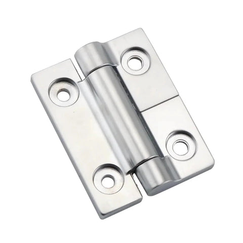 Close-up of zinc alloy damping torque hinge for industrial doors, chrome finish