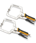 Heavy Duty Quick Release Pocket Hole Clamps Pair Featuring Lock Tight Right Angle Vise Grips With Cushioned Swivel Pads And Ergo Grip Handles.