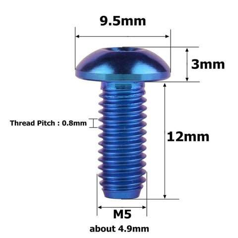 Titanium M5 x 12mm Button Head Hex Bolts for Bike Water Bottle Cage, Blue, Grade 5 Titanium Alloy, Anti Corrosion, Side View