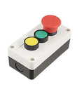 Top Shelf Heavy Duty Push Button Station With Rock Solid Momentary Emergency Mushroom Switch And Flat Reset Toggle Built For No Fuss Control Panel Mounting And Reliable Machine Operation On Any Worksite, showing a three-button design.