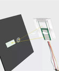 Back view of Bathroom Vanity Mirror With Touch Sensor Built In Clock And Temperature Display Capacitive Touch Switch For Easy Tap To Wake Control Slick Dresser Style Wall Mirror For Home Bath showing wiring and sensor panel