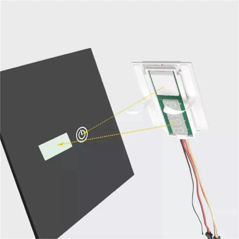Back view of Bathroom Vanity Mirror With Touch Sensor Built In Clock And Temperature Display Capacitive Touch Switch For Easy Tap To Wake Control Slick Dresser Style Wall Mirror For Home Bath showing wiring and sensor panel