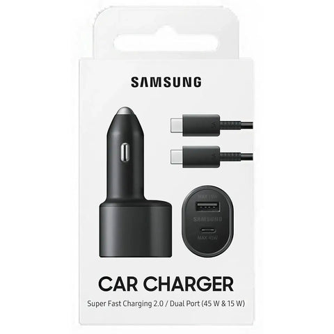Road Ready Dual Port Car Charger With Blazing Fast 45W Plus 15W Output For Usb C And Usb A in sleek black packaging.