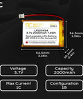3.7V 2000mAh LiPo Battery Pack With Positive Polarity JST-PH2.0 2-Pin Connector 1C Max Discharge Beefy Power Lightweight 40g