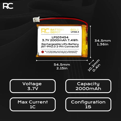 3.7V 2000mAh LiPo Battery Pack With Positive Polarity JST-PH2.0 2-Pin Connector 1C Max Discharge Beefy Power Lightweight 40g