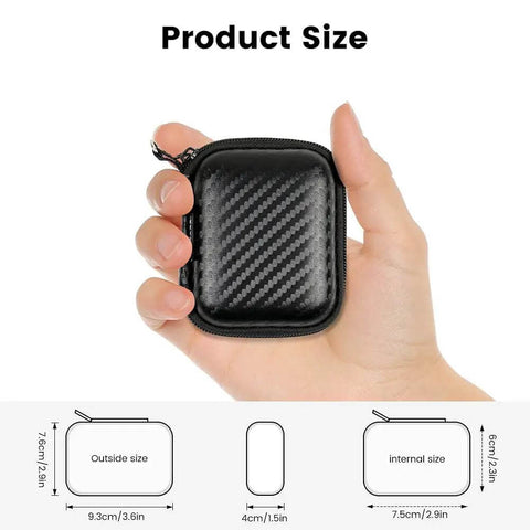 Solid As A Rock Hard Earbud Case With Smooth Pull Zipper And Secure Travel Clip For Your Daily Drivers And Mini Wireless Earbuds Beater Resistant Eva Carry Pouch held in hand showing size dimensions.