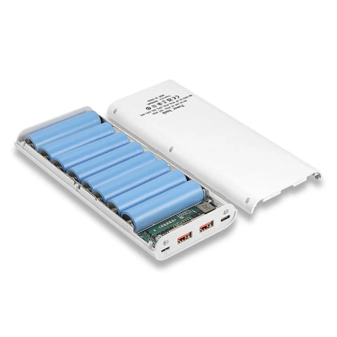 Totally Legit Battery Pack Enclosure With Dual USB Charging Ports For Fast Charge Power Bank Shell And Badass DIY Electronics Case For Weekend Adventures, featuring a white housing with lithium cells.