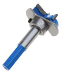 Side view of hinge boring bit for 35mm hinge holes; blue handle, steel shaft for woodworking