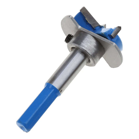 Side view of hinge boring bit for 35mm hinge holes; blue handle, steel shaft for woodworking