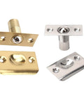 Stainless Steel Adjustable Roller Ball Door Catch Lock With Brass Finish, includes multiple latch pieces for installation.