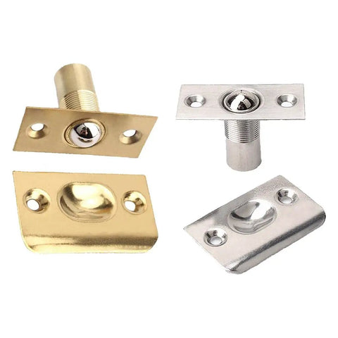 Stainless Steel Adjustable Roller Ball Door Catch Lock With Brass Finish, includes multiple latch pieces for installation.