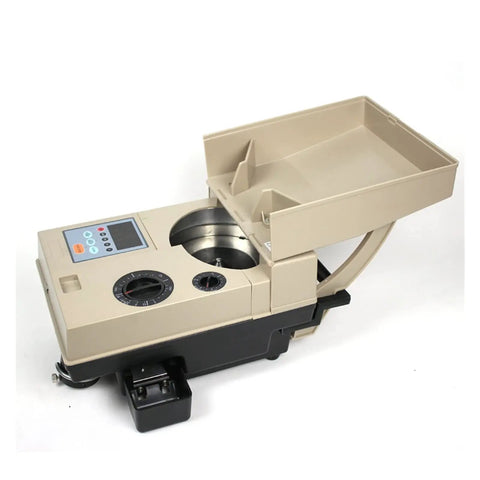 Heavy Duty Coin Counter Machine And Fast Automatic Cash Sorter With High Speed Electronic Currency Divider, beige design with digital display.
