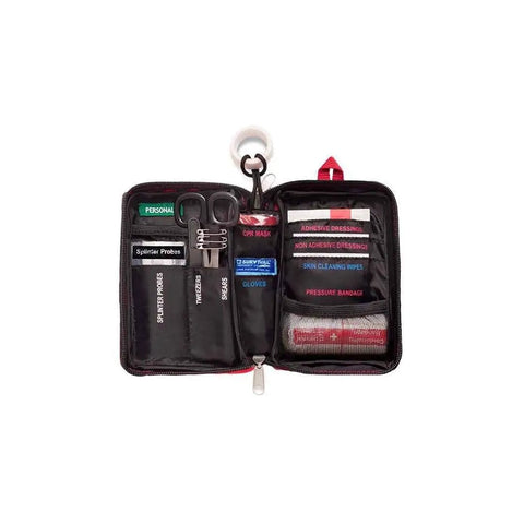 Open Ultra Compact Grab And Go Car And Outdoor First Aid Kit with 26 pieces for hiking, camping, and sports essentials visible