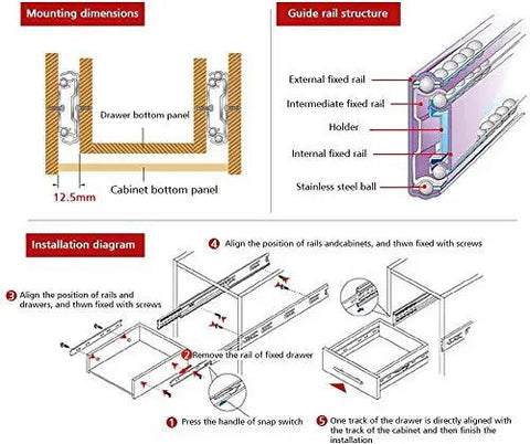 Diagram showing installation and structure of Heavy Duty Two Section Metal Drawer Slides With Ball Bearing Rails Side Mount 11 Inch Black