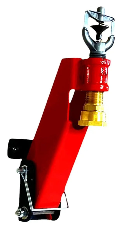 Single Standard Mount Pin Connect Fire Sprinkler For Wildfire Yard Defense And Property Guard featuring sturdy red design and brass hookup.